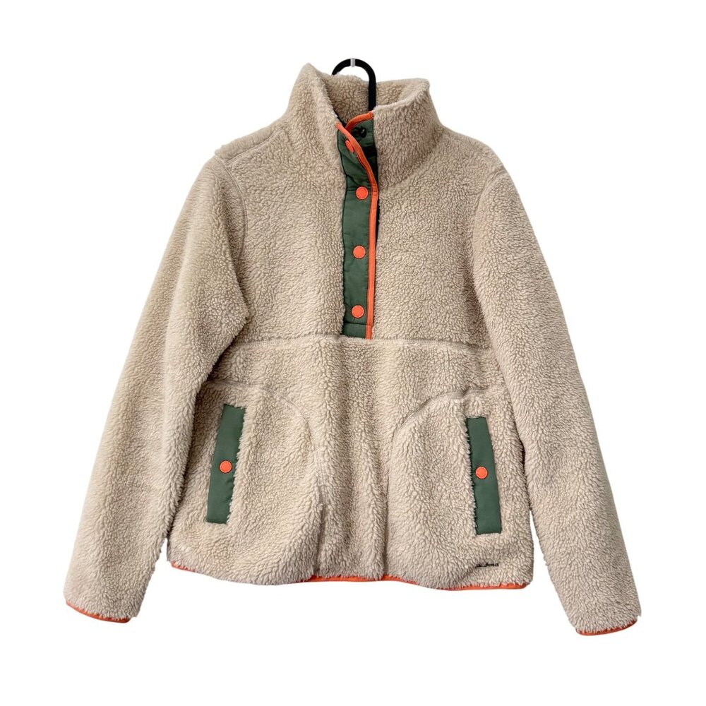 LL Bean Beige Green Coral Sherpa Fleece 1/4 Snap Pullover Sweater Womens Small